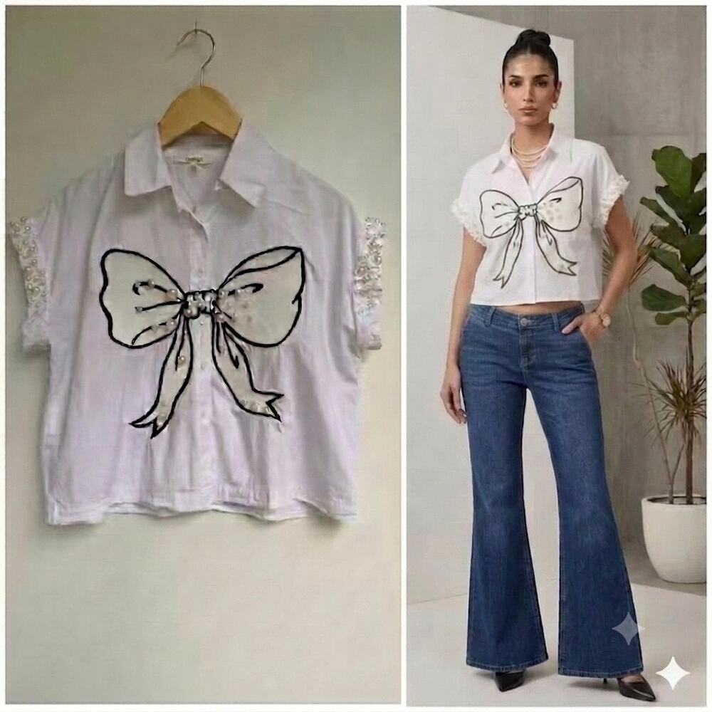 Pastel White Pearl beaded Bow Button Down Shirt Crop Top Blouse Coquette Small